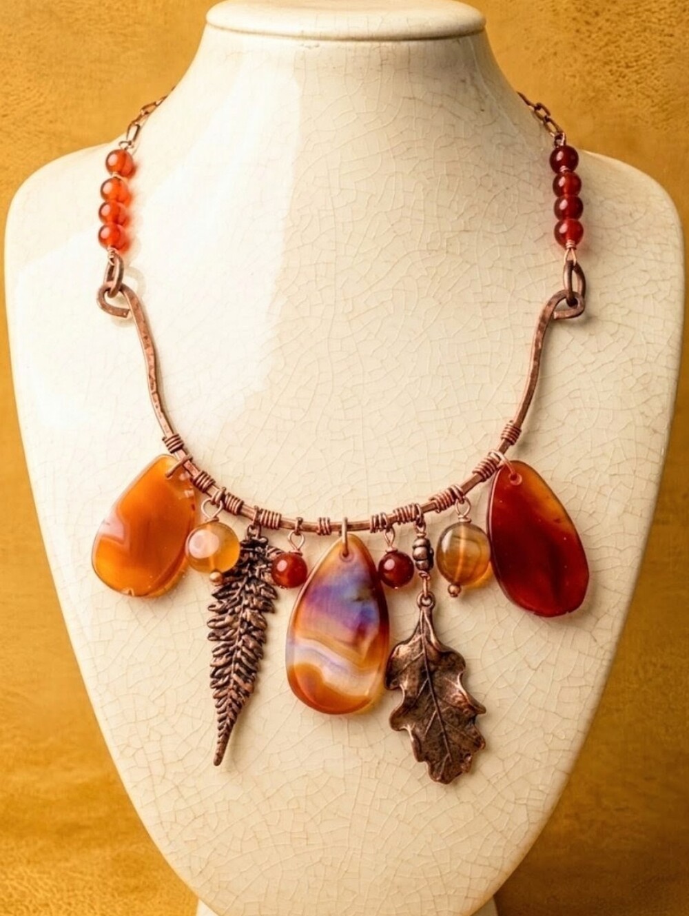 Natural Autumn Red & Orange Agate Slabs In Handcrafted Artisan Copper Necklace